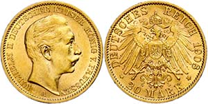 Prussia 20 Mark, 1908, Wilhelm II., small ... 