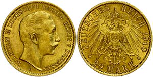 Prussia 20 Mark, 1910 A, Wilhelm II., edge ... 