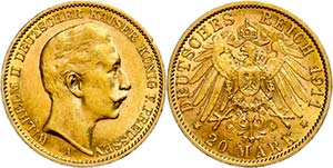 Prussia 20 Mark, 1911, Wilhelm II., small ... 