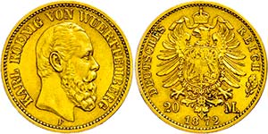 Württemberg 20 Mark, 1872, Karl, very ... 