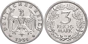 Coins Weimar Republic 3 Reichmark, 1931, D, ... 