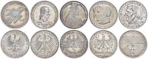 Federal coins after 1946 5x5 Mark, ... 