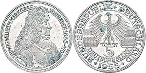 Münzen Bund ab 1946 5 Mark, 1957, Markgraf ... 