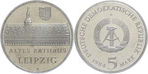 Münzen DDR 5 Mark, 1984, Rathaus Leipzig, ... 