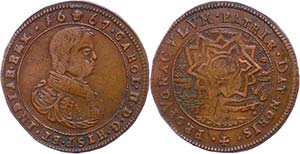 Belgium Chip, copper, 1667, Karl II., Dugn. ... 