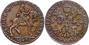 Belgium Chip, copper, 1672, Karl II., Dugn. ... 