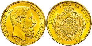 Belgien 20 Francs, Gold, 1875, Leopold II., ... 
