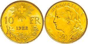 Belgium 10 Franc, Gold, 1922, Fb. 503, ... 