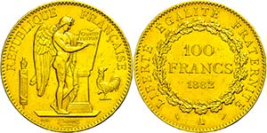 France 100 Franc, Gold, 1882, standing ... 
