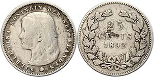 The Netherlands 25 cent, 1892, Wilhelmina, ... 