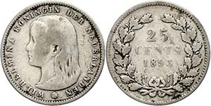 The Netherlands 25 cent, 1893, Wilhelmina, ... 