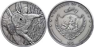 Palau 5 Dollars, 2012, red squirrel, 1 oz ... 