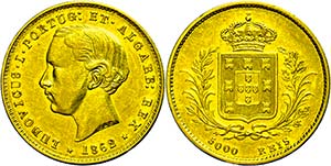 Portugal 5000 Reis, Gold, 1862, Luis I., Fb. ... 