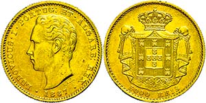 Portugal 5000 Reis, Gold, 1867, Luis I., Fb. ... 