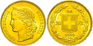 Switzerland 20 Franc, Gold, 1896, Fb. 495, ... 
