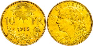Switzerland 10 Franc, Gold, 1915, Fb. 503, ... 