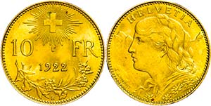Schweiz 10 Franken, Gold, 1922, Fb. 503, vz. ... 