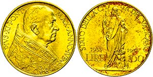 Vatican 100 liras, Gold, 1933, Pius XI, Fb. ... 