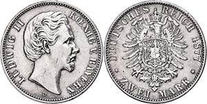 Bayern  2 Mark, 1877, Ludwig II., kl. Rf., ... 