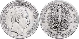 Hesse  2 Mark, 1876, Ludwig III., margin ... 