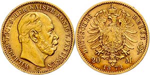 Prussia  20 Mark, 1873, Wilhelm I., Mzz C, ... 