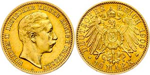 Prussia  10 Mark, 1909, Wilhelm II., small ... 