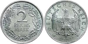 Coins Weimar Republic  2 Reichmark, 1925 A, ... 