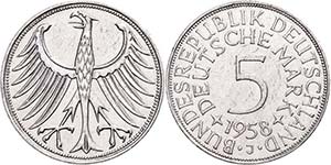 Federal coins after 1946  5 Mark, 1958, J, ... 