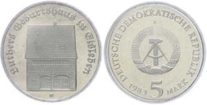 GDR  5 Mark, 1983, Luthers birthplace in ... 