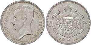 Belgien  20 Francs, 1934, Albert I., Der ... 