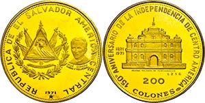 El Salvador  200 Colones, Gold, 1971, ... 