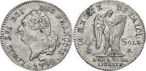 France  30 Sols, 1792, A (Paris), louis XVI, ... 