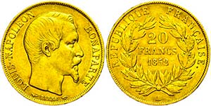 France  20 Franc, Gold, 1852, louis Napoleon ... 