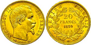 France  20 Franc, Gold, 1859, Napoleon III., ... 