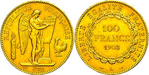 France  100 Franc, Gold, 1908, standing ... 