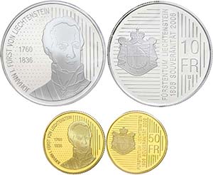 Liechtenstein  Set to 10 Franc silver and 50 ... 