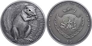 Palau  5 Dollars, 2013, gray squirrel, 1 oz ... 