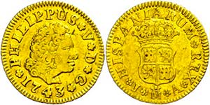 Spain  1 / 2 Escudos, Gold, 1743, Philipp ... 