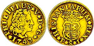 Spain  1 / 2 Escudos, Gold, 1743, Philipp ... 