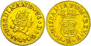 Spain  1 / 2 Escudos, Gold, 1747, Ferdinand ... 