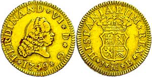 Spain  1 / 2 Escudos, Gold, 1749, Ferdinand ... 