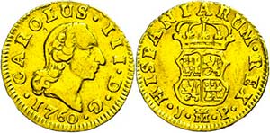 Spain  1 / 2 Escudos, Gold, 1760, Karl III., ... 