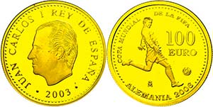 Spain  100 Euro, Gold, 2003, soccer World ... 