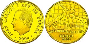 Spain  100 Euro, Gold, 2004, soccer World ... 