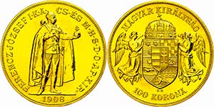 Hungary  100 coronas, Gold, 1908, restrike ... 