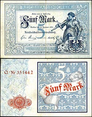 Deutsche Reichsbanknoten 1874-1945  5 Mark, ... 