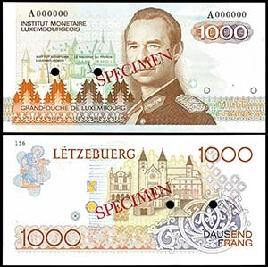 Test Banknotes and Essays  Luxembourg, 1000 ... 