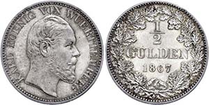 Württemberg 1/2 Gulden, 1867, Karl, AKS ... 