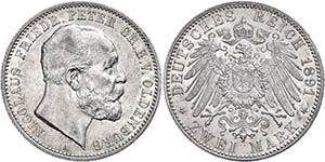 Oldenburg 2 Mark, 1891, Nicolaus Friedrich ... 