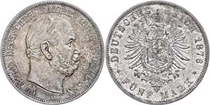 Prussia 5 Mark, 1876, A, Wilhelm I., aversum ... 